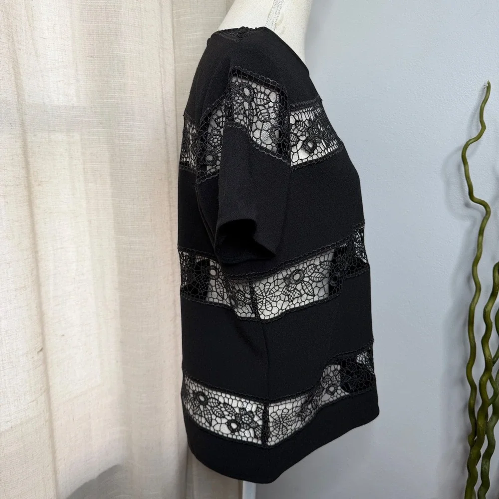 Anne Fontaine Miyuki Open Lace Stripe Blouse Black Floral Short Sleeve Womens 42 - Picture 3 of 9